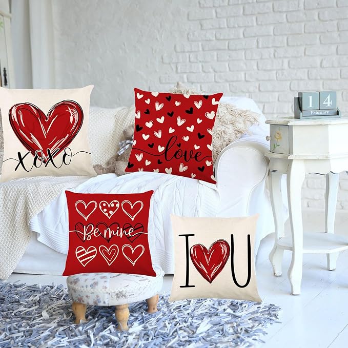 ONFAON Valentines Day Decorations-Valentines Day Pillow Covers 18x18 Inch Set of 4 Red Heart Love You More for Large Couch Sofa Home Indoor Outdoor Holiday Decorations