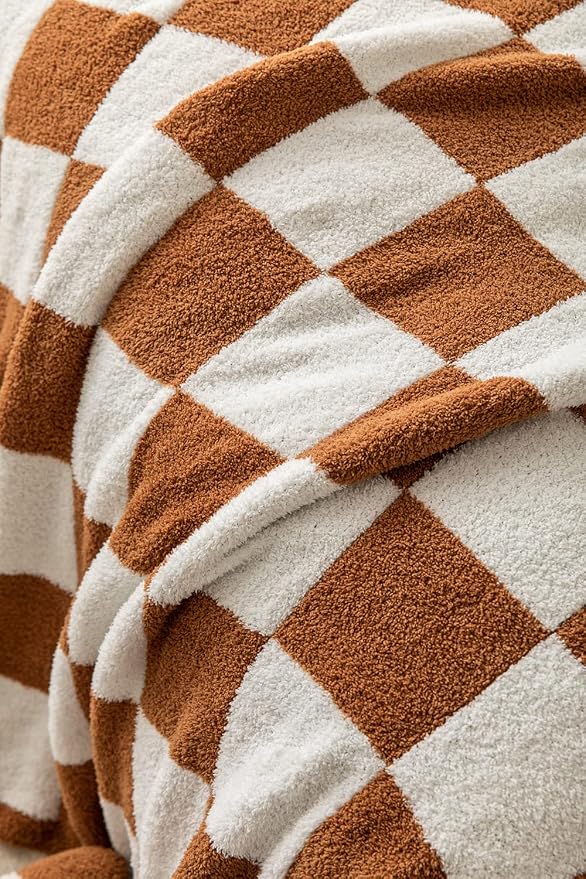 Ultra-Soft Buffalo Checkerboard Grid Fluffy Microfiber Knitted Throw Blanket Super Cozy Lightweight Checkered Bed Blanket for Sofa Couch Bed Khaki 51"X63"
