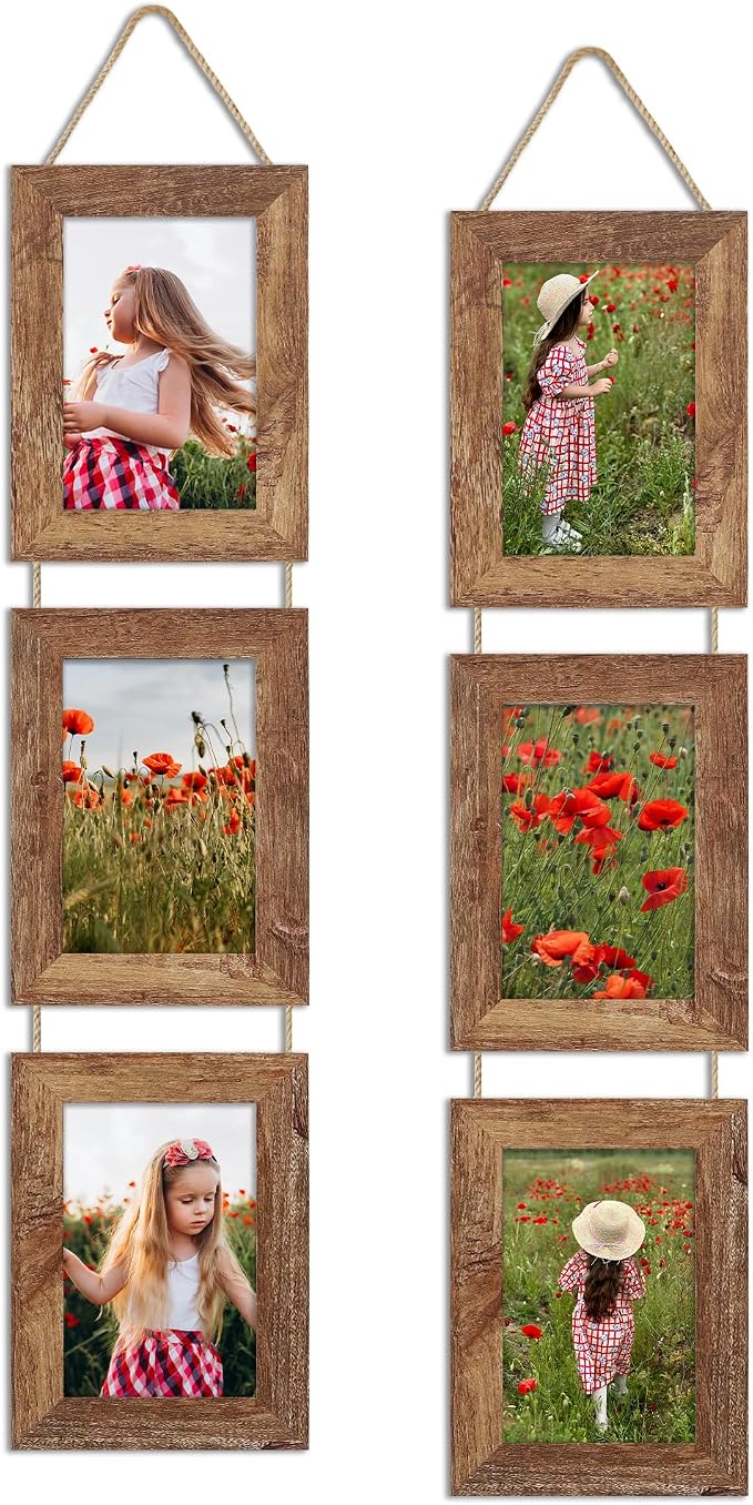 4x6 Collage Picture Frames Set of 2, Rustic Wooden Real Glass Vertical Hanging 3 Opening 4 by 6 Photo Frame, Rustic Brown