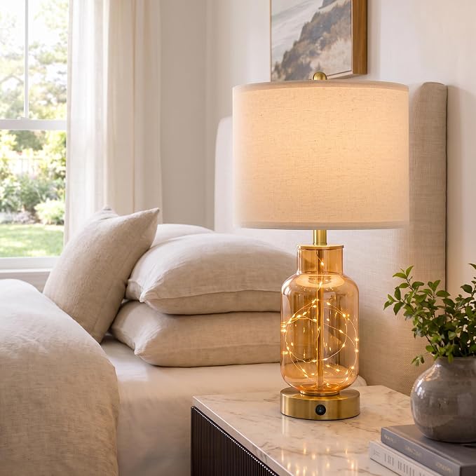 Oneach 22" Glass Table Lamps Set of 2 with Night Light for Bedroom, Amber
