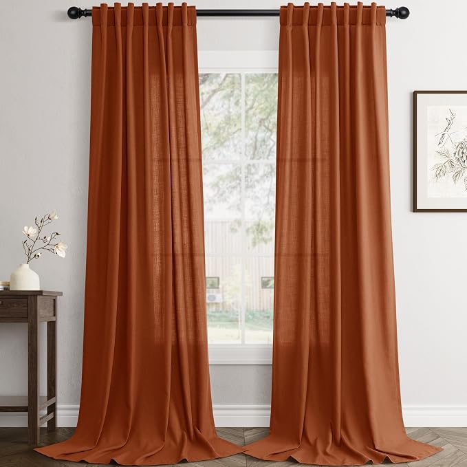 Jowels Terracotta Linen Curtains 96 Inch Long 2 Panels for Living Room | Burnt Orange Light Filtering Semi Sheer Curtain,Back Tab Pocket Pleated Look,Boho Textured Privacy Drapes for Bedroom Window