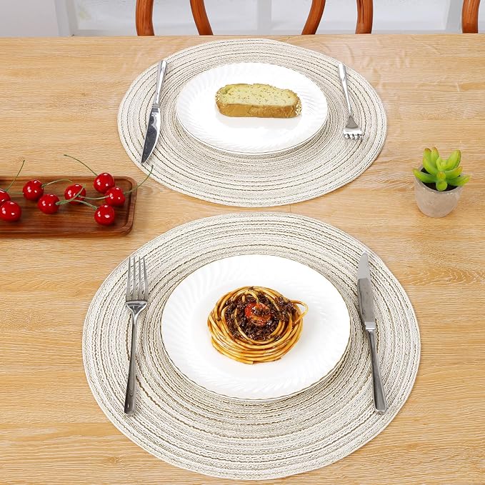 SHACOS Round Placemats Set of 6 Braided Circle Place Mat Washable 15 inch Table Mats for Kitchen Dining Table Decor Mixed Color (Ivory, 6)