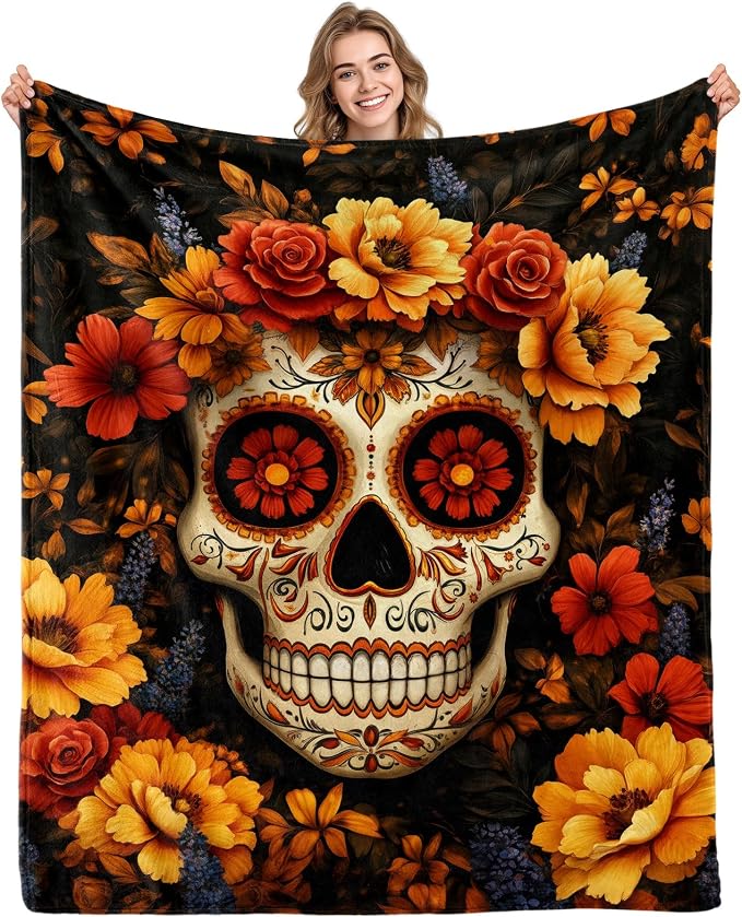 Aimego Sugar Skull Throw Blanket Gifts for Girl Women Halloween Skull Throw Blanket Gothic Skeleton Day of The Dead Blankets and Throws for Couch Sofa Bed for Kids Adult Women(60X80 Inch)