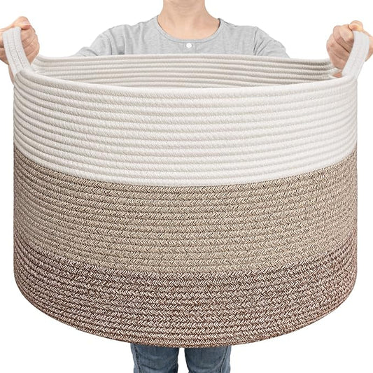 Goodpick Large Woven Basket for Blankets, Nursery & Living Room Decor, 85L | 19.7 x 19.7 x 12.6 In Storage Basket for Toys Shoes, Cute Baby Laundry Hamper for Towels, Clothes, Light & Brown