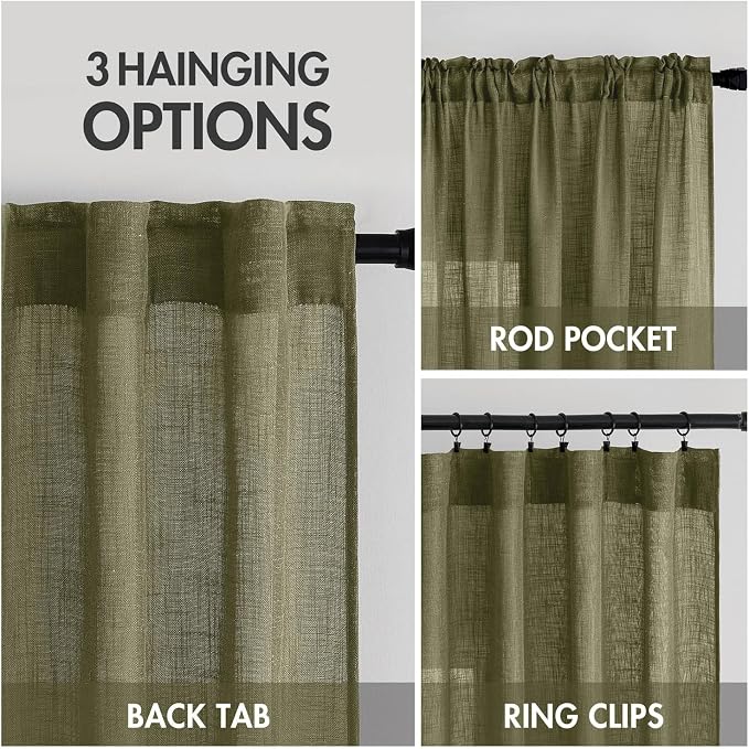 MIULEE Light Olive Green Linen Curtains 52x90 Inch Long 2 Panel for Bedroom | Living Room, Soft Linen Textured Natural Window Drapes, Semi Sheer Light Filtering, Back Tab Rod Pocket, Burlap Look Decor