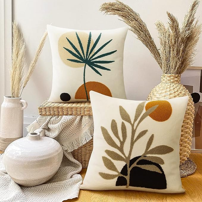 Merrycolor Boho Decorative Throw Pillow Covers 16x16 Boho Pillow Covers Tufted Mid Century Modern Throw Pillows Abstract Leaf Pillow Cover Aesthetic Boho Pillows for Couch Bed Sofa Living Room 1PC