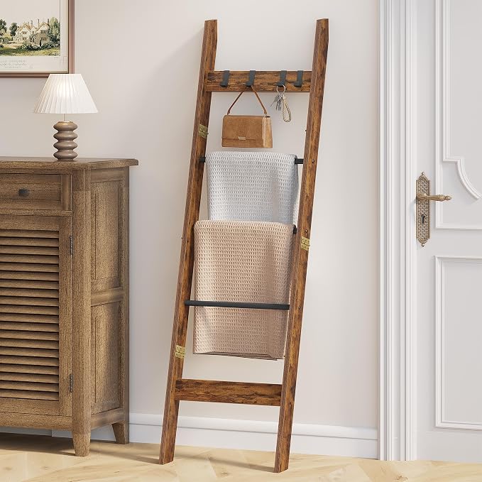 Hzuaneri Blanket Ladder Decorative Quilt Rack with 4 Removable Hooks | 5-Tier Farmhouse Ladder Holder Shelf Organizer for Living Room Bedroom, Rustic Brown 02101BBR