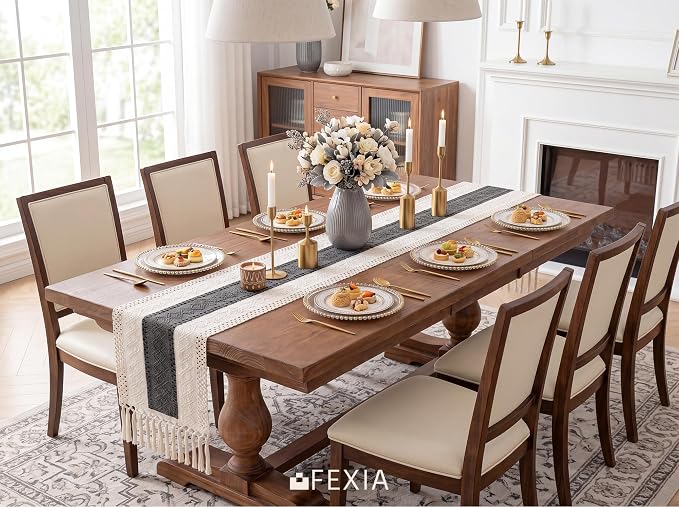FEXIA Boho Table Runner with Tassels for Home Decor 12x72 Inches Grey | 72 Inches Long Modern Farmhouse Rustic Burlap Table Decoration for Bedroom Living Dining Room Baby Shower Autumn Decor