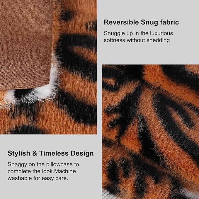 cygnus Faux Fur Tiger Pillow Covers 20x20 inch | Fluffy Fuzzy Decorative Square Faux Fur Throw Pillow Covers for Couch Sofa Living Room Bedroom