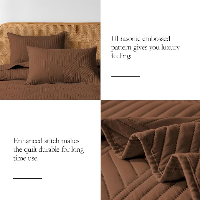 Davulos King/Cal King Quilt Set in Brown, Soft Reversible Microfiber Bedspread for All-Season Use in Bedroom or Dorm, Lightweight Modern Geometric Coverlet (1 Quilt, 2 Pillow Shams)