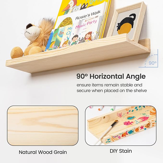 Picture Ledge Shelf for Wall, 48 inches Solid Pine Wood Nursery Book Shelves 3 Packs, Floating Ledge Shelves for Kids' Room Bedroom Bathroom Long Floating Shelves for Wall Nursey Wall Decor, Natural