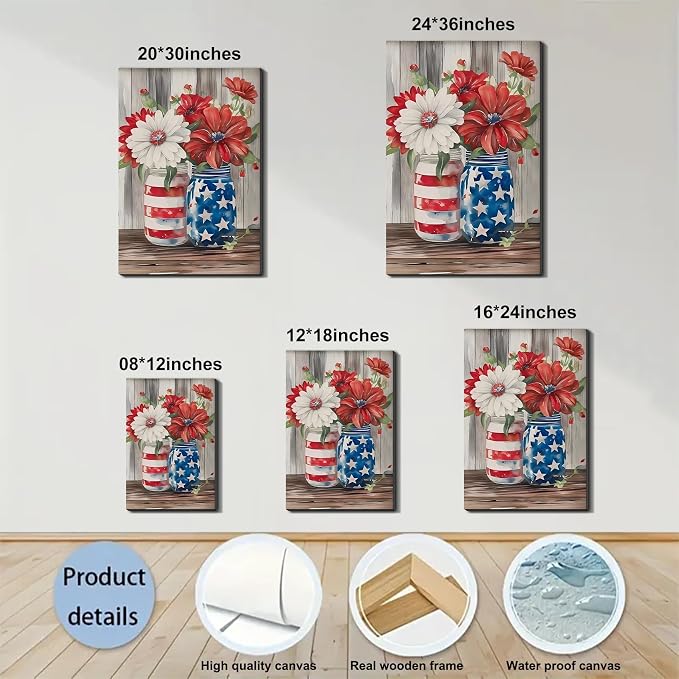 Framed American Flag Mason Jar Flower Wall Art, Patriotic Farmhouse Canvas Art Pictures, USA Flag Wall Decor, Made in USA Ready to Hang for Kitchen Living Room