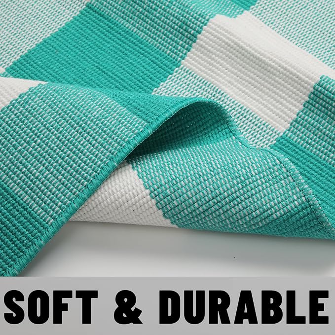 SEEKSEE Buffalo Plaid Rug 4' x 6' Light Blue and White Large Front Door Mat, Layering Area Rug, Spring Summer Rug for Outdoor Patio Entryway Indoor Living Room Kitchen Dining Room Decor