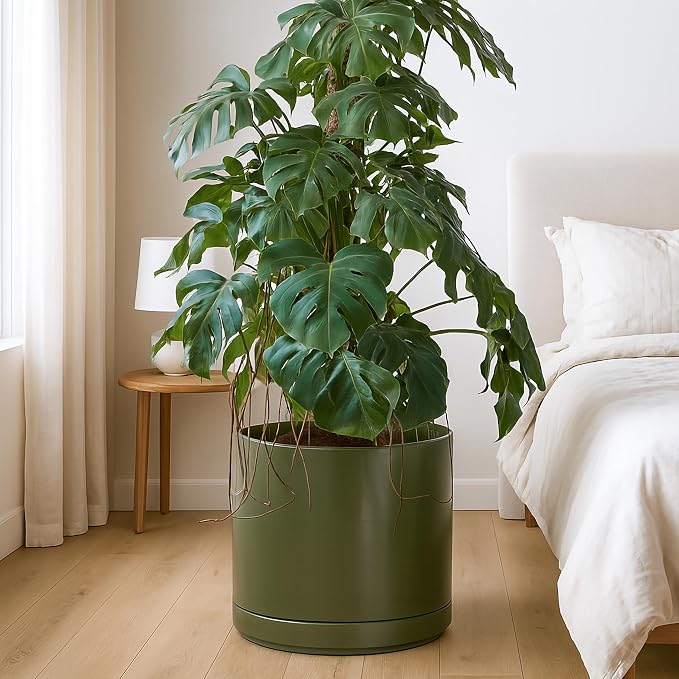 D'vine Dev 14 Inch Ceramic Planter Pot, Olive, 94-O-G-J | Modern Cylinder Design, Drainage Hole & Saucer Included, Stable Structure, Elegant Home Accent