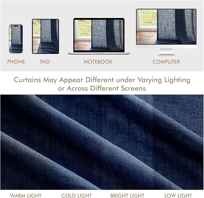 MIULEE Navy Blue Back Tab Linen Curtains 4 Panels 42W x 84L | Linen material, light filtering, rod pocket back tab hanging, farmhouse decor for living room bedroom