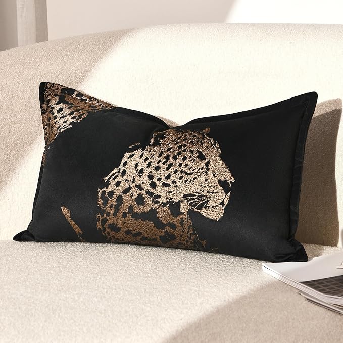 Luxury Black Velvet Lumbar Pillow Covers 12x20'' inches, Hand-Embroidered Brown Cheetah Face Decorative Throw Pillow Case, Modern Glam Home Accent with Hidden Zipper for Living Room