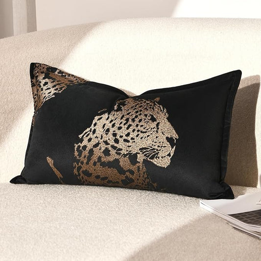 Luxury Black Velvet Lumbar Pillow Covers 12x20'' inches, Hand-Embroidered Brown Cheetah Face Decorative Throw Pillow Case, Modern Glam Home Accent with Hidden Zipper for Living Room