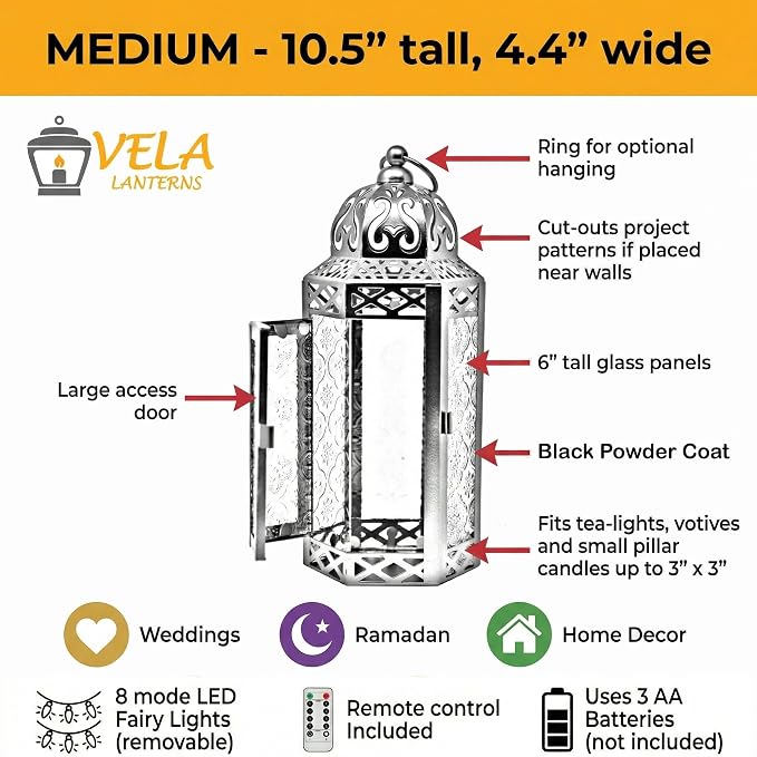 Vela Lanterns Purple Decor Candle Lantern Holder with LED Fairy Lights, M | Halloween Spooky Witch & Vampire Decor, Gothic Whimsigoth Home, Fantasy Flameless Moroccan Metal Hanging Lamp, 10.5" Tall