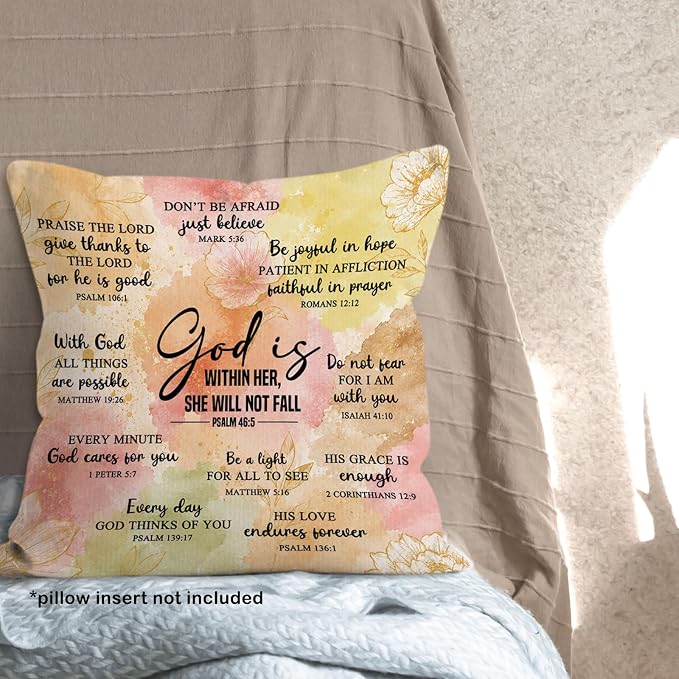 Christian Floral Throw Pillow Cover 18x18, Bible Verse Decor Pillow Cases for Women, God Is Within Her She Will Not Fall Motivational Decorative Square Pillowcases for Home Living Room Bedroom