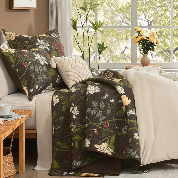 Litanika Floral Dark Brown Quilt - 3Pcs Botanical Birds Bedding Set | Bedspread Summer Lightweight Soft Coverlet with Red Flower for All Seasons (112"x104")