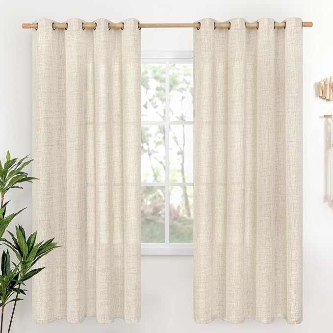 YoungsTex 78 Inch Length Linen Curtains Semi Sheer Light Filtering Drapes | Rustic Textured Grommet Curtain Privacy for Bedroom Farmhouse Living Room Window, 52 x 78 Inch, 2 Panels