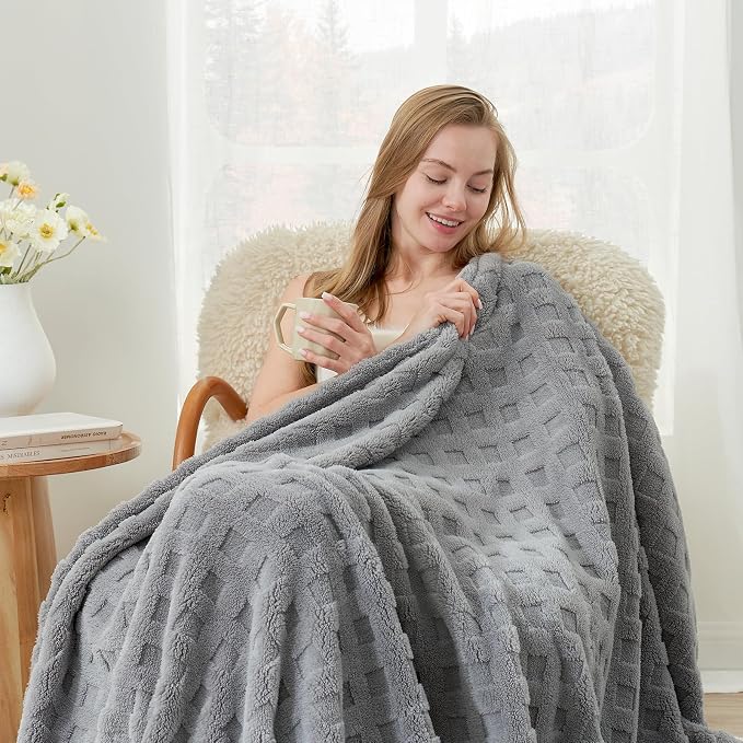 Cozy Bliss Ultrasoft Waffle Throw Blanket, Fluffy Cute Plush Blanket for Couch, Bed, Modern Home Accent, Portable for Picnic or Outdoor, Grey, 50"x60"