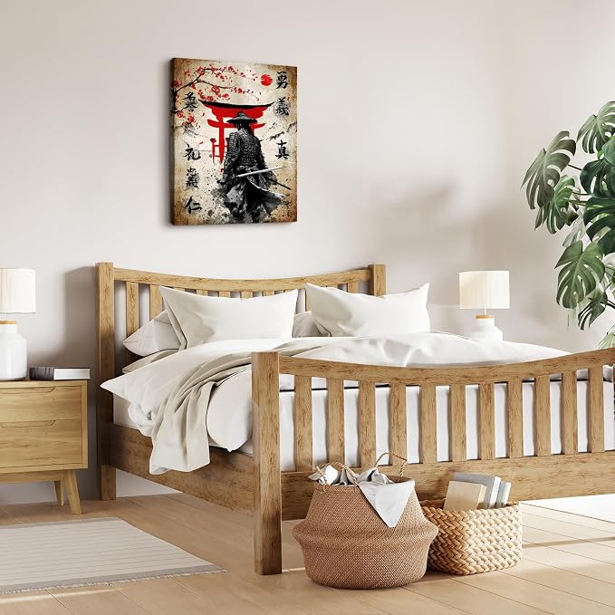 Wesluin 8"x10" Samurai Warrior Canvas – Red Torii Gate Japanese Wall Art | Stoic samurai stands beneath crimson torii gates. Timeless bushido decor. Hook included, ready to hang.