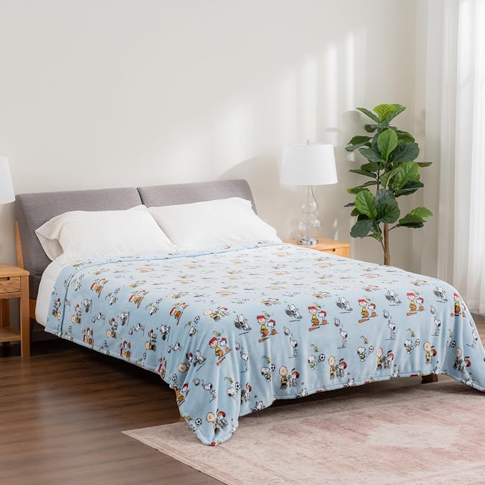 Berkshire Blanket Peanuts® VelvetLoft® Cute Character Snoopy Plush Blanket,Snoopy the Athlete Closed in Blue,Full/Queen 90 in x 90 in (Official Peanuts® Product)