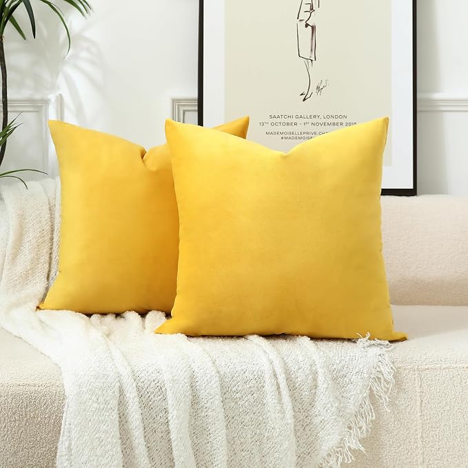Stellhome Pack of 2 Velvet Pillow Covers Square Decorative Cushion Covers for Bed Couch Sofa Bench, 20 x 20 inch (50 x 50 cm), Yellow