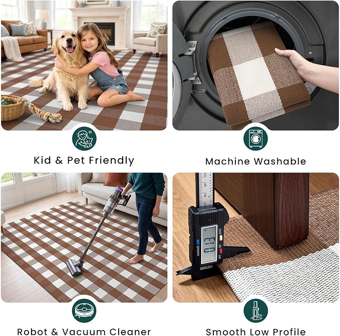 KOZYFLY Buffalo Plaid Area Rugs 2.3x3.6 Ft Front Door Mat, Brown and White | Washable Front Door Rug, Woven Cotton Outdoor Rug, Indoor Small Rug for Front Porch Kitchen Entryway, Checkered Welcome Mat