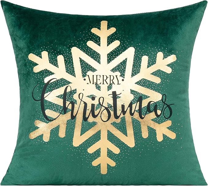 All Smiles Dark Green Gold Christmas Decorations Throw Pillow Covers Cases 20X20 Set of 4 Winter Xmas Indoor Home Décor Ornaments Velvet Navidad Cushion for Sofa Christmas Tree Snowflake Reindeer
