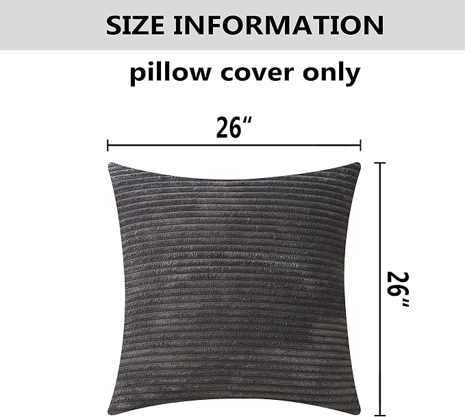 Home Brilliant 2 Pack Super Soft Striped Corduroy 26x26 Pillow Covers Decorative Euro Throw Pillow Sham Cushion Covers for Couch, 26 x 26 inch, Dark Grey