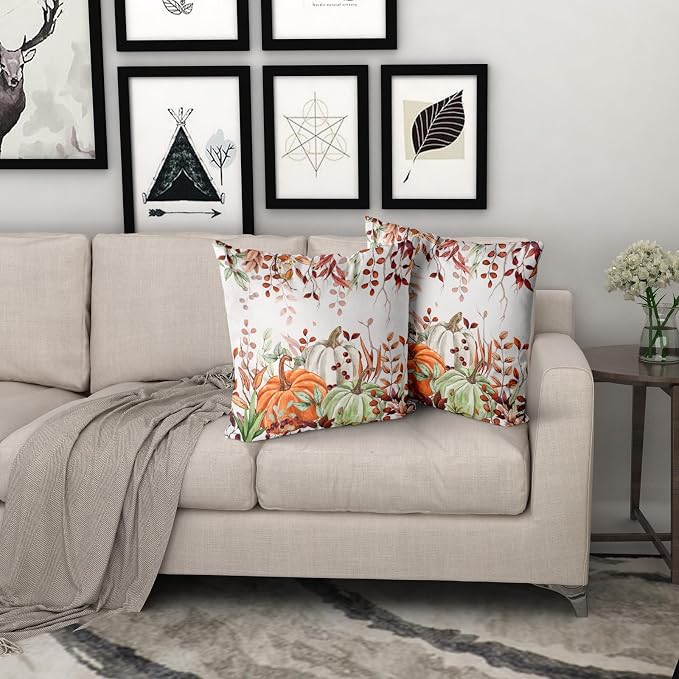 Giwawa Fall Pillow Covers Set of 2 18x18 Inch Orange Green Pumpkins Autumn Leaves Thanksgiving Cushion Covers Farmhouse Decorative Double Sided Throw Pillowcases for Indoor Outdoor Holiday