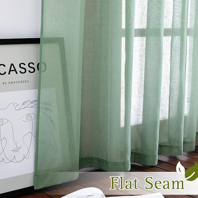 NICETOWN Semi Sheer Short Curtains for Small Window, Eyelet Top Bedroom Curtain Drapes Privacy with Light Filtering Linen Blend for Bedroom/Cafe/Kitchen, Olive Green, 2 Panels, W52 x L45