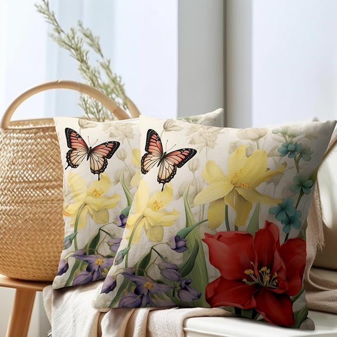 Spring Summer Flower Outdoor Decorative Pillow Covers 16x16 Inch Set of 2 Floral Butterfly Throw Pillows Spring Farmhouse Pillowcases Cotton Linen Cushion Covers for Couch Bed Sofa Chair Home Decor