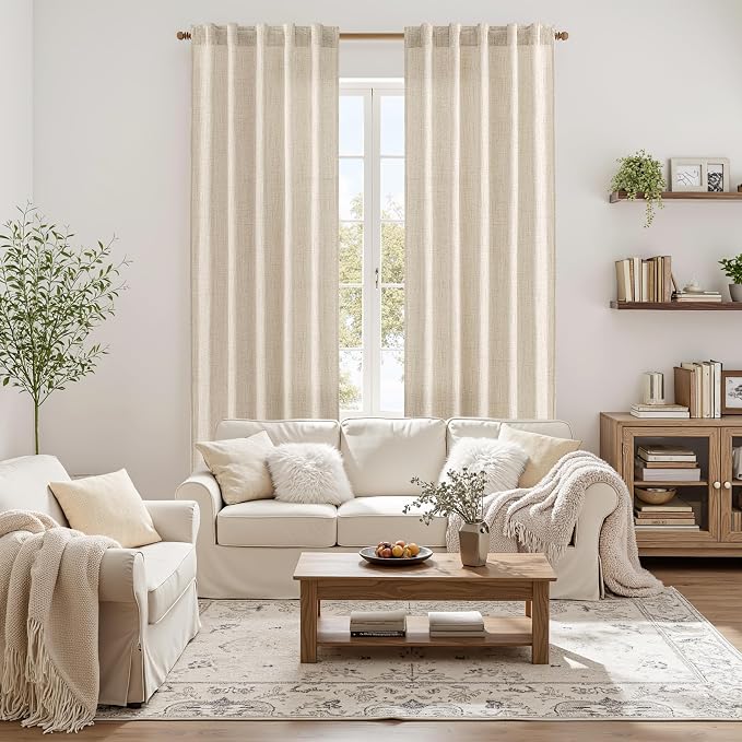 MIULEE Faux Linen Curtains 84 Inch Length 2 Panels Natural Cream Beige Semi Sheer Curtain with Back Tab Rod Pocket, Light Filtering Window Privacy Burlap Drapes for Living Room Bedroom 42W x 84L