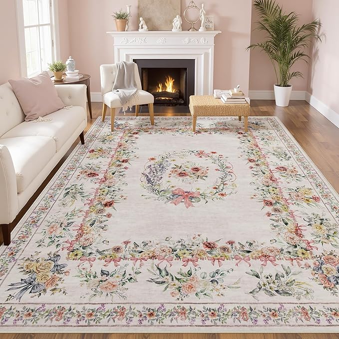 Joydeco Washable 9x12 Area Rugs, Ultra-Thin Large Area Rug for Living Room, Pink Soft Non Slip Boho Floral Bow Apartment Decor Carpet for Big Bedroom Playroom Nursery Office, Light Pink