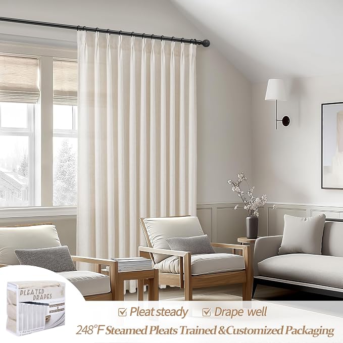 Custom 60 Inch Wide Birch Light Filtering Curtains for Kids Room 102 Inches Long 2 Panels Set, Memory Shape Pinch Pleat Privacy Heavy Linen Semi Sheer Modern Windows Drapes for Nursery with Back Tab