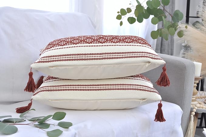 Decorative Boho Throw Pillow Covers with Tassels (Maroon & Off White, 20x20 inch - Pack of 2) / Designer Cushion Covers for Sofa, Bed/Farmhouse Accent Cotton Woven Pillow Cases Burgundy