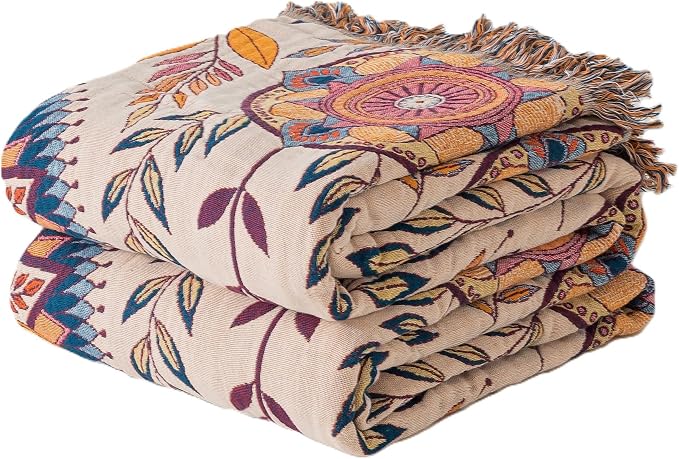 Phuryllic Boho Throw Blanket Full Size, Soft Cozy Cotton Muslin Quilt Blanket for Bed Decor, Floral Patterned Couch Sofa Chair Cover, Vintage Farmhouse Cottage Tapestry Woven Blanket, Beige&Blue