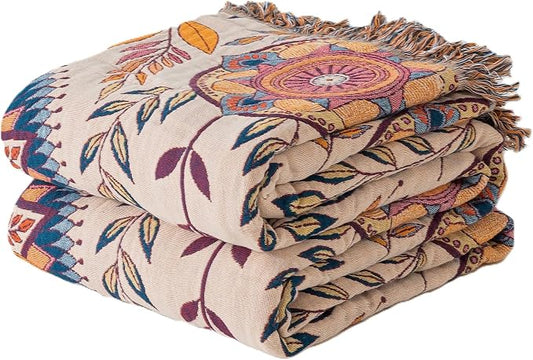 Phuryllic Boho Throw Blanket Full Size, Soft Cozy Cotton Muslin Quilt Blanket for Bed Decor, Floral Patterned Couch Sofa Chair Cover, Vintage Farmhouse Cottage Tapestry Woven Blanket, Beige&Blue