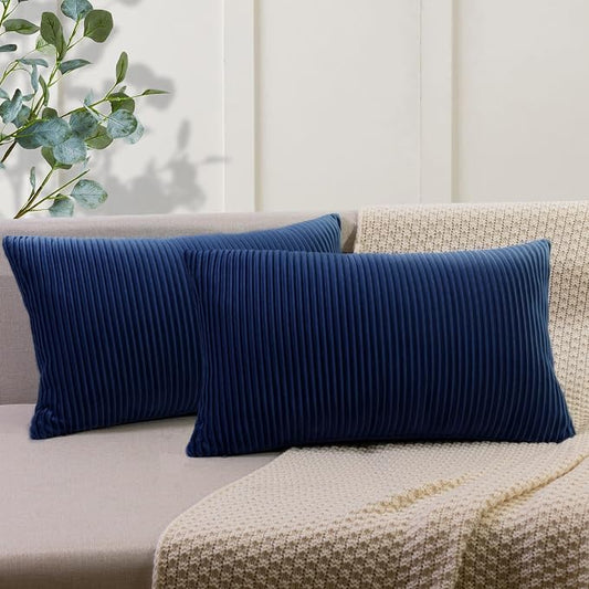 YCOLL Navy Blue 12x20 Pillow Cover Set of 2 Velvet Striped Pattern - Soft Throw Pillows for Home Decor, Luxury Decorative Pillow Covers for Couch, Bed,Living Room