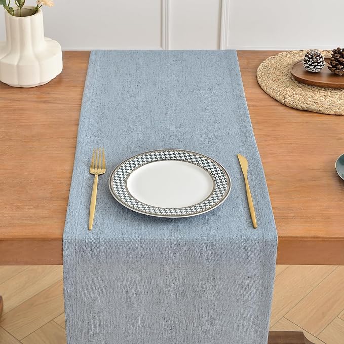 Wracra Linen Table Runner, Burlap Dusty Blue Table Runners 36 Inches Long | Rich Woven Linen Blend Fabric, Machine Washable, Rustic Farmhouse Handcrafted Table Runner for Dresser Dining Table Decor