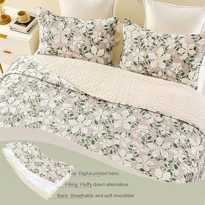 Whale Flotilla Patchwork Quilt King Size, Extra Soft Floral Leaf Bedspreads | Reversible Lightweight King Quilt Bedding Set for Bed, White Bone Printed Coverlets with 2 Pillow Shams for All Seasons