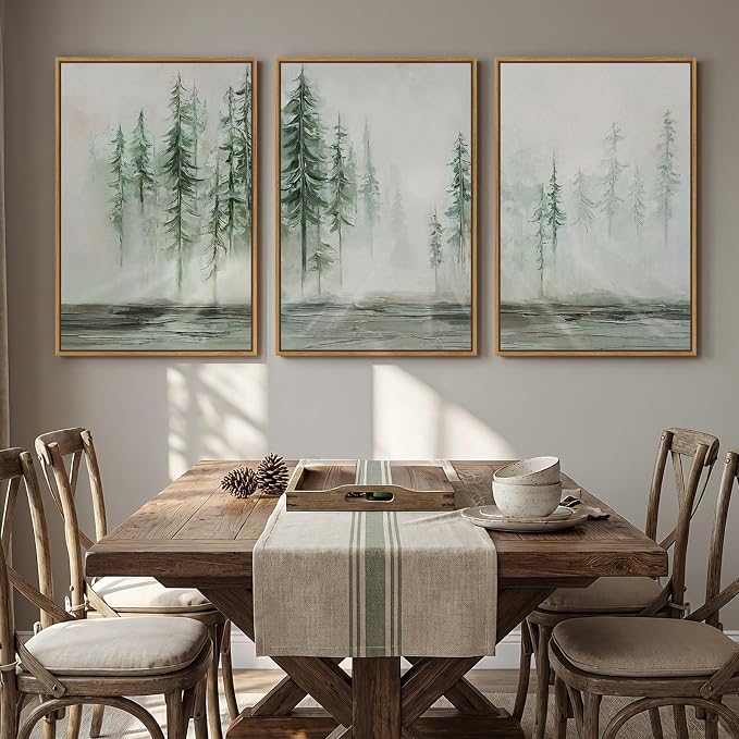 Framed Forest Tree Wall Art, 3 Piece Green Landscape Wall Decor, 24x36 Inch | Modern, Abstract, Large, Canvas artwork, Green, Pine tree picture, Bedroom art, Dining room decor, Ready to hang, Wood frame