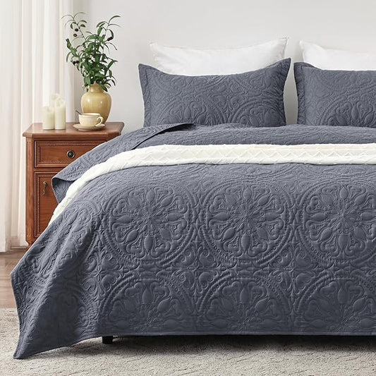 EXQ Home Quilt Set Full Queen Size Mandala Bluish Grey Bedspread | Bedding Set For All Season Use, Soft & Breathable Coverlet,3-Piece Set Includes 2 Shams, Machine Washable