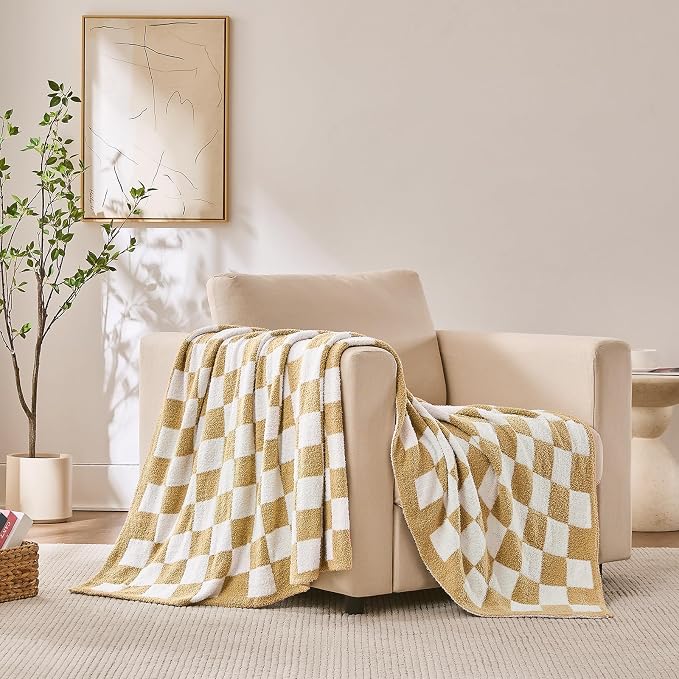 Checkered Throw Blanket for Couch, Soft Cozy Warm Knitted Blankets | Lightweight Fuzzy Travel Warm Decor for Women, Mom, Girls, Sofa, Chair, 60x80in, Khaki