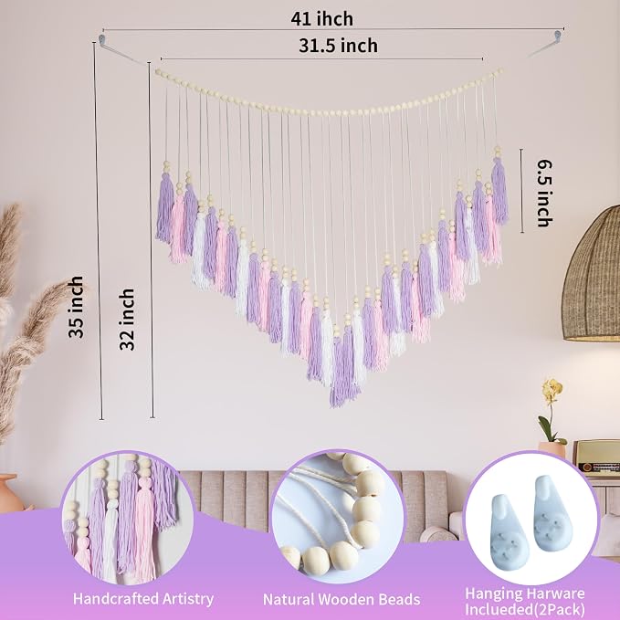 Pink & Purple Macrame Hanging Boho Wall décor, Purple Wall Decor for Bedroom Living Room Girls Room Nursery Large Tassel Hanging with Wood Beads 41" W x 32" H