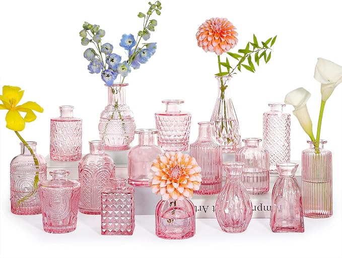 SUPMIND 16Pcs Pink Glass Bud Vases in Bulk for Wedding Table Centerpieces | Small Flower Vases Cute Mini Vintage Vase Set for Wedding, Home Decor, Table Decoration