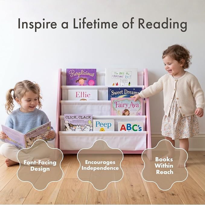 Humble Crew Kids Bookshelf, Montessori Front Facing Toddler Bookcase 4 Tier | Book display rack and reading nook organizer, nylon pockets show covers face out, compact for any playroom or bedroom space